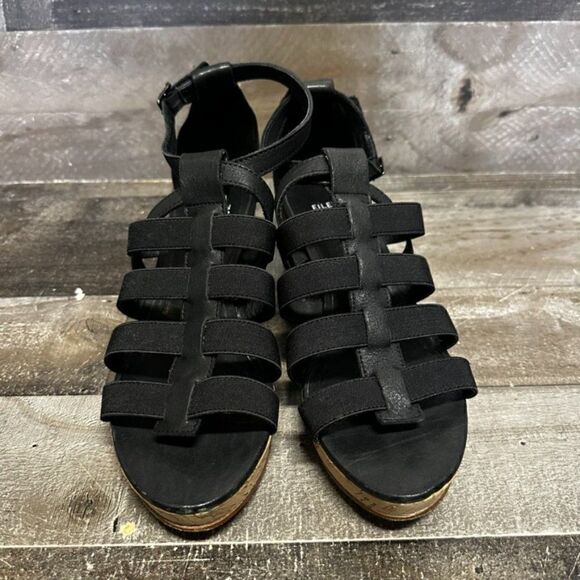 Eileen Fisher black strappy gladiator cork wedge sandal size 9.5 - Picture 5 of 9
